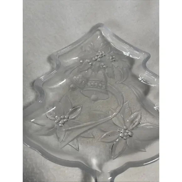 Holiday Clear Glass Tree Candy Dish w/ Bell & Flower Design - Picture 2 of 6